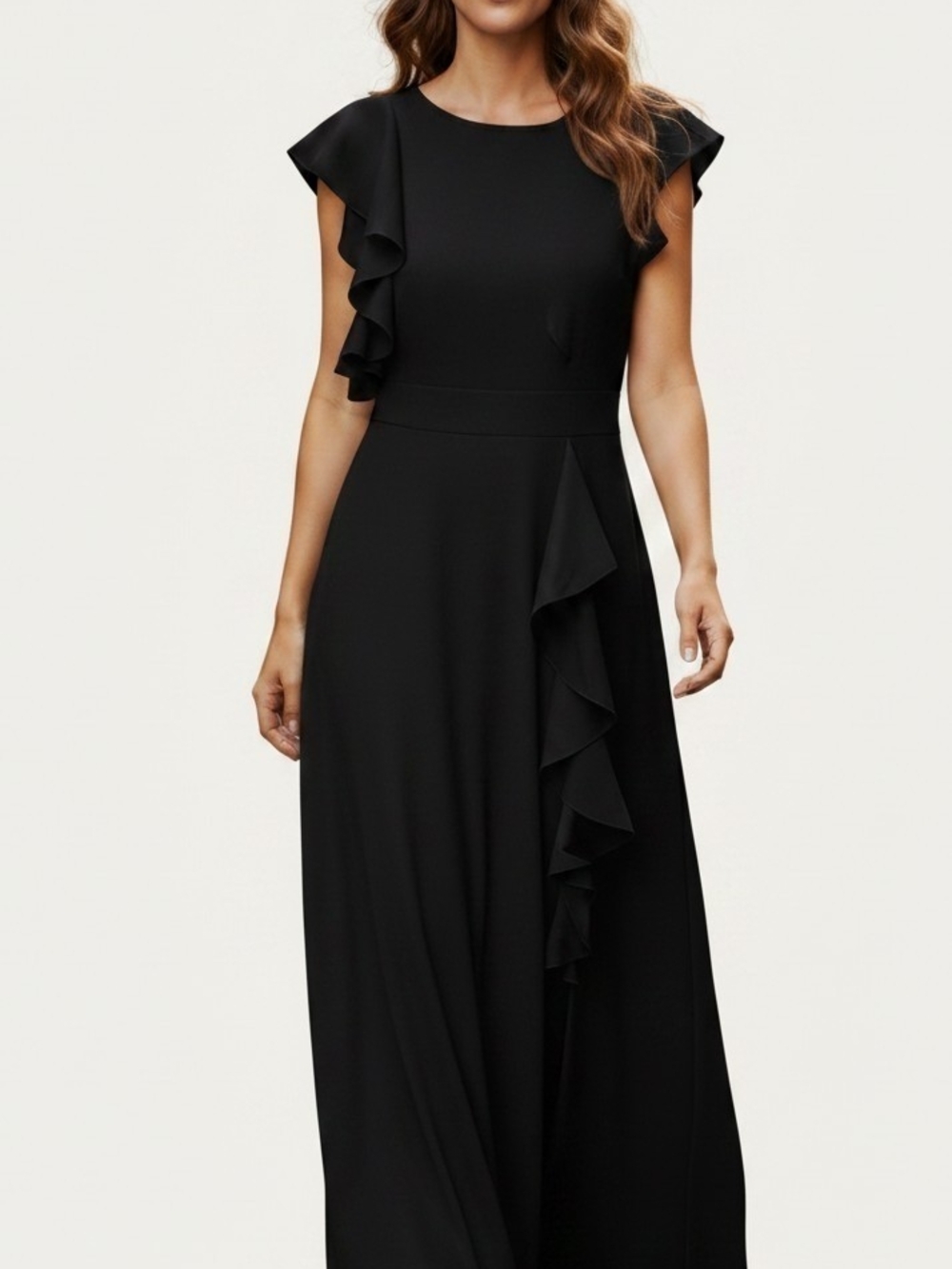 WOOSEA Womens Black Ruffle Sleeve High Slit Evening Gown Dress SMALL NEW